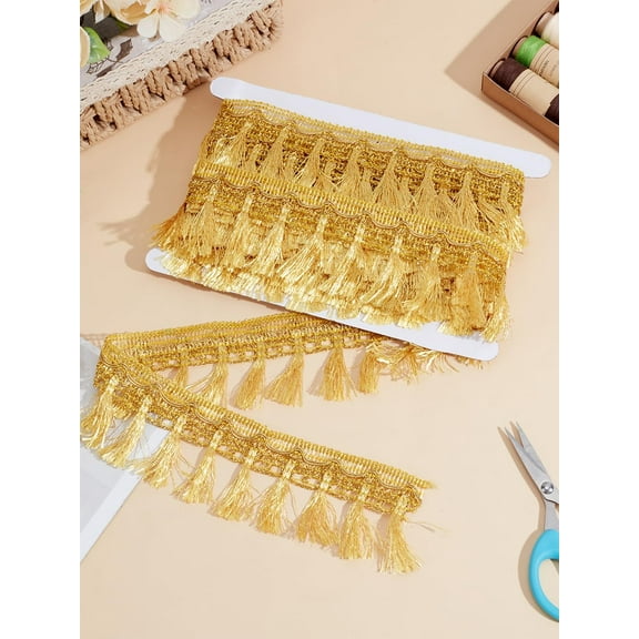 6M/6.56 Yard 2-1/8 inch(55mm) Filigree Polyester Lace Fringe Trim Gold Fringe Tassel Trim Ribbon for Costume Crafts Sewing Wedding Bridal Dress Decor Embellishments Gift Wrapping Supplies