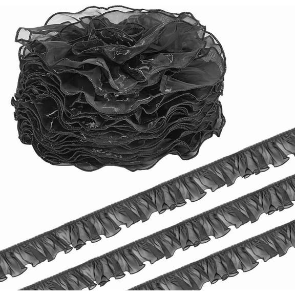 6M Organza Lace Trim Fabric Ruffle Pleated Ribbon Black Yarn Flower Wrapping Paper Polyester Trim Garment Accessories for Dress Cloth Sewing Embroidered Applique Curtains Wedding Party Decor for DIY
