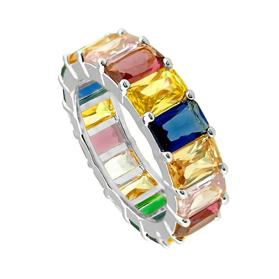 6MM 18K White Gold Plated Cubic Zirconia Emerald Cut Multicolor Gemstones Rainbow Eternity Ring Band For Women