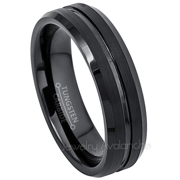 6MM Black Tungsten Wedding Band - Brushed Grooved Center Tungsten Carbide Ring - Anniversary Band JATN749Ns9