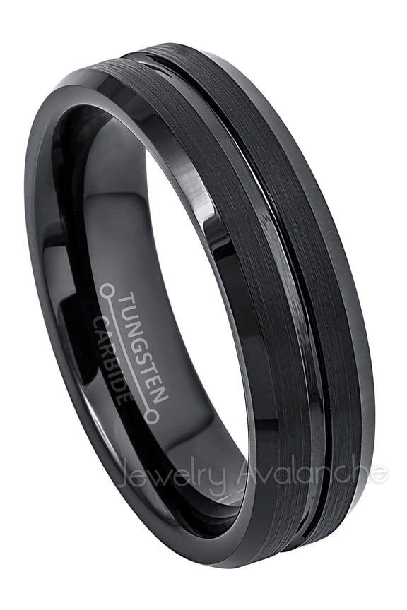6MM Black Tungsten Wedding Band - Brushed Grooved Center Tungsten Carbide Ring - Anniversary Band JATN749Ns9