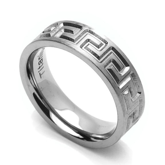 6MM Comfort Fit Titanium Wedding Band Greek Key Flat Ring (Size 6 to 14)