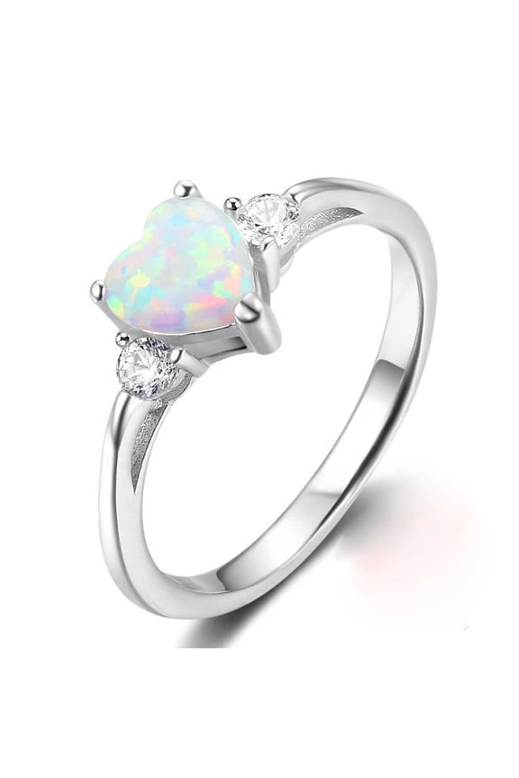 6MM Heart Shape Natural Opal Three Stone Wedding Ring in 925 Sterling Silver – Unique Dainty Opal Engagement Ring for Women – Elegant Anniversary or Promise Gift Jewelry