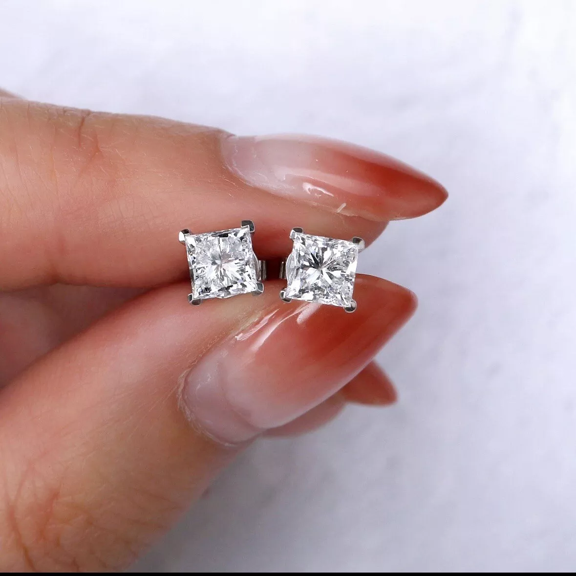 6MM Princess Cut FL/D Lab Created Studs Earrings 14K White Gold 7mm Screw Back