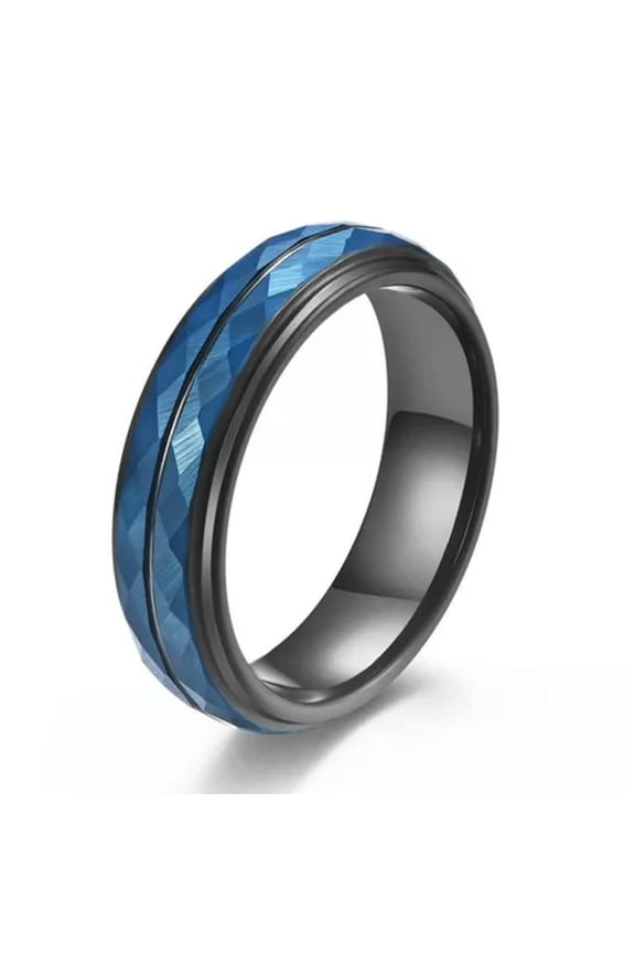 6MM Rhombic Cut Tungsten Carbide Wedding Band Men's Blue & Black Ring Size 6-12