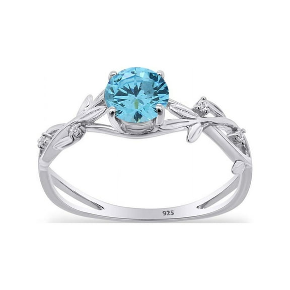 AFFY 6MM Round Cut Simulated Aquamarine & White Cubic Zirconia Floral Ring 14k White Gold Over Sterling Silver Ring Size-6.5