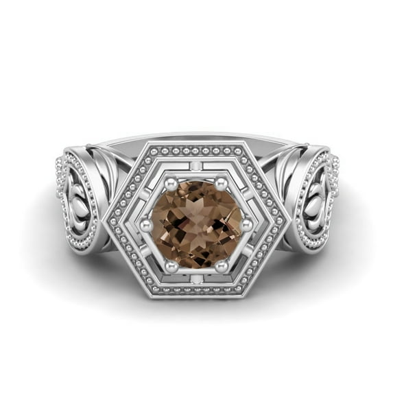 6MM Round Smoky Quartz 925 Sterling Silver Hexagon Shape Geometric Mother's Day Gift Ring