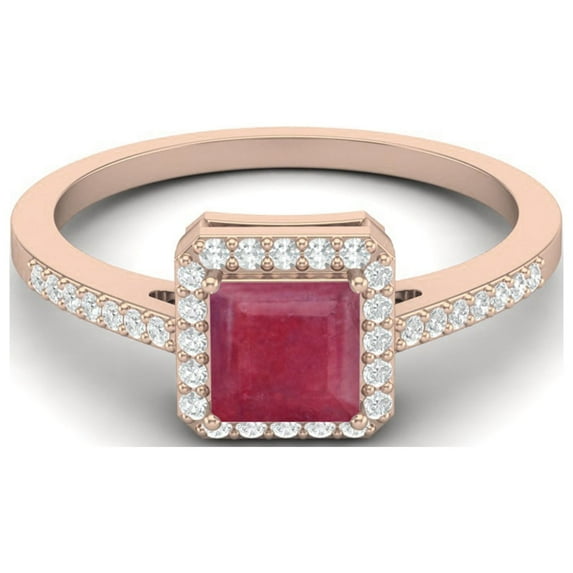 Mooneye 6MM Square Shape Ruby Halo Accent 925 Sterling Silver Rose Vermeil Women Wedding Ring