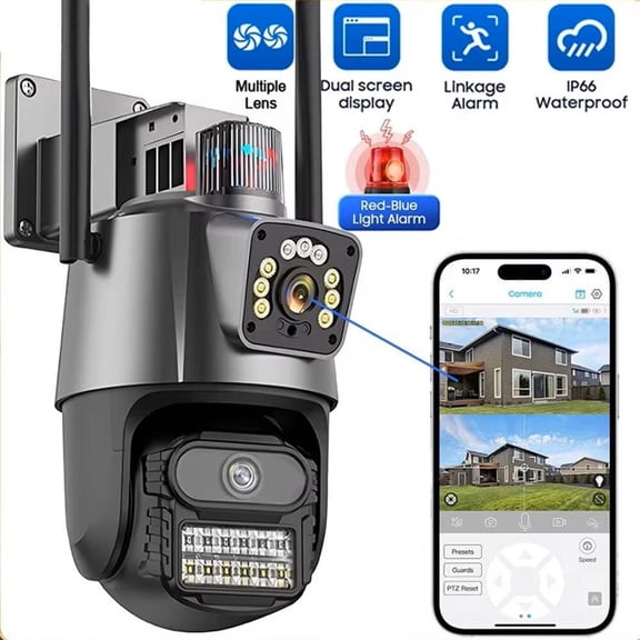 6MP Dual Lens IP66 Waterproof Security Camera with Red-Blue Light Alarm