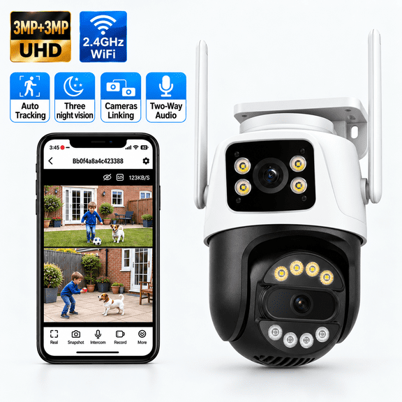 6MP Dual-Lens Outdoor Security Camera, 2.4GHz Wifi, Ptz, Human Detection, Auto Tracking, Night Vision, 2-Way Audio, IP66