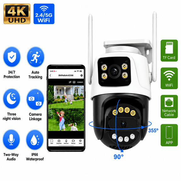 6MP Dual Lens Outdoor Security Camera Outdoor, WiFi Home Surveillance Camera, 2.4GHz Wireless, PTZ, 355Pan, 90Tilt, Human Detection & Auto Tracking, 2-Way Audio, IP66, Night Vision, 24/7
