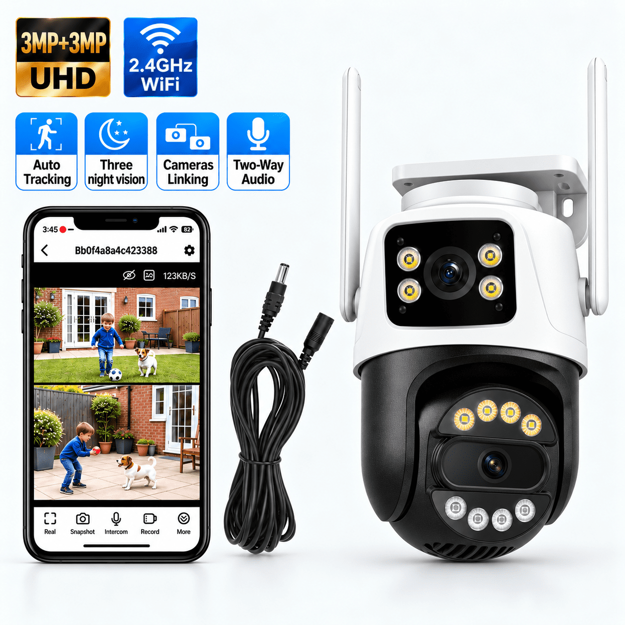 6MP Dual-Lens Outdoor Security Camera With 16Ft Cable, 2.4GHz Wifi, Ptz ...