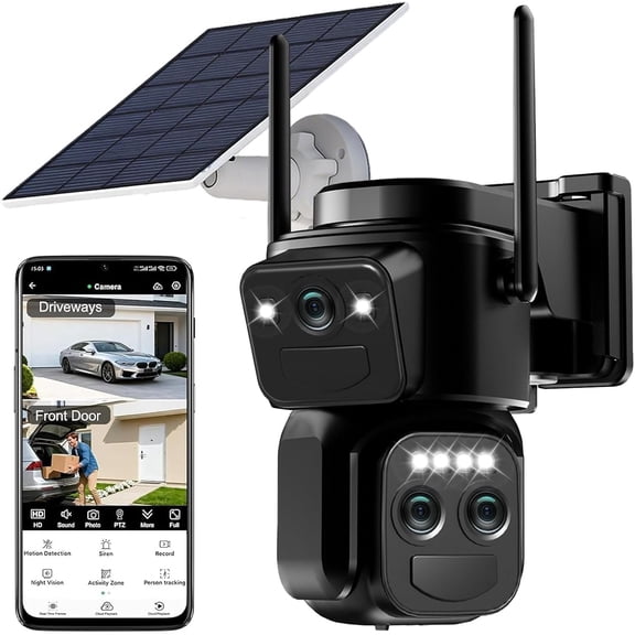 6MP Triple-Lens Solar Cameras Outdoor, 2.4G WiFi, 360? View Pan/Tilt Camera with Color Night Vision, Motion Detection, Spotlight Siren, 2-Way Audio,