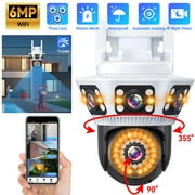 6MP Triple Lens Triple Screen PTZ Security Camera - 355  Pan/90  Tilt, AI Human Detection & Motion Tracking, Color Night Vision/Floodlight, IP66 Waterproof, 2.4G WiFi/LAN, 128GB TF/Cloud Storage