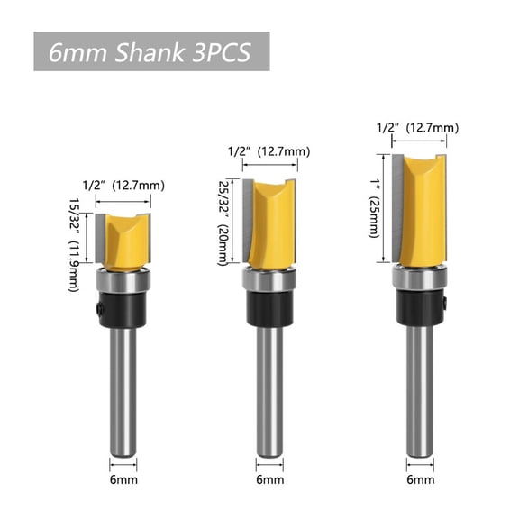 6Mm Shank Flush Trim Router Bit Straight End Mill For Woodworking Bearing 1/2In