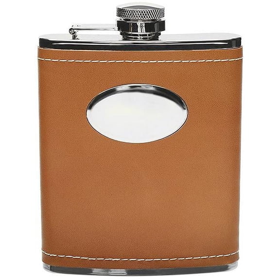 6Oz brown leather flask with engraving oval plate (1406YL-L1B-OT)