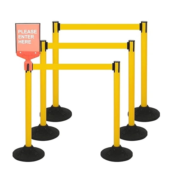 6PACK Crowd Control Stanchions Yellow Set Heavy Duty Crowd Control Barriers with 10' FEET Black Retractable Belt, Heavy Duty Rubber Base, Easy to Install (6PACK)