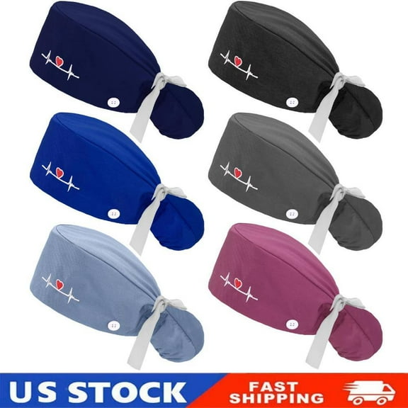 6PACK Scrub Caps Women Nursing Hats with Buttons Adjustable Bouffant Nurse Hats