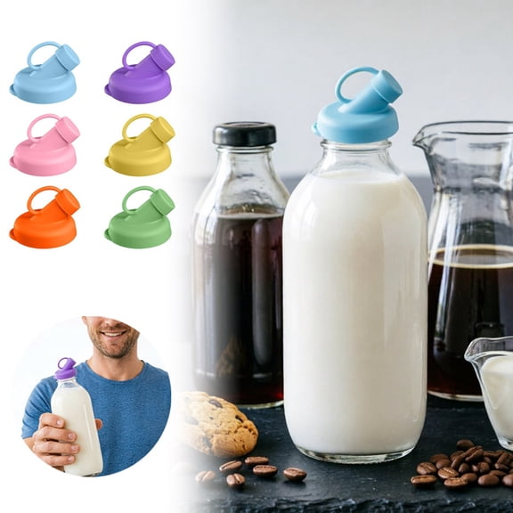 6PC 2 Inch Silicone Milk Bottle Dispenser Caps, Pour Spout Lids Replacement Lids Leak Proof for Glass Bottles, Reusable Easy Clean Bottle Caps, Jug Not Included,Color Random