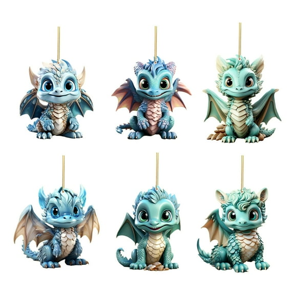 6PC 2D Christmas Flying Dragon Ornaments, Acrylic, Double-Sided Print, Flat, for Tree/Room Decor