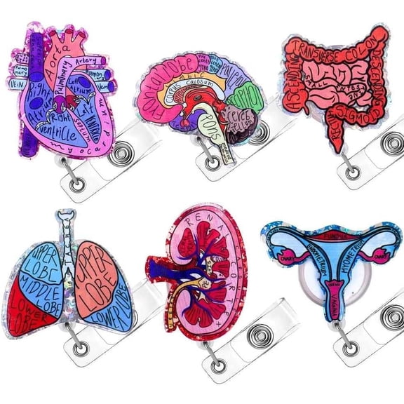 Anatomical Organs Glitter Retractable Badge Reels for Nurses, 6 Pack