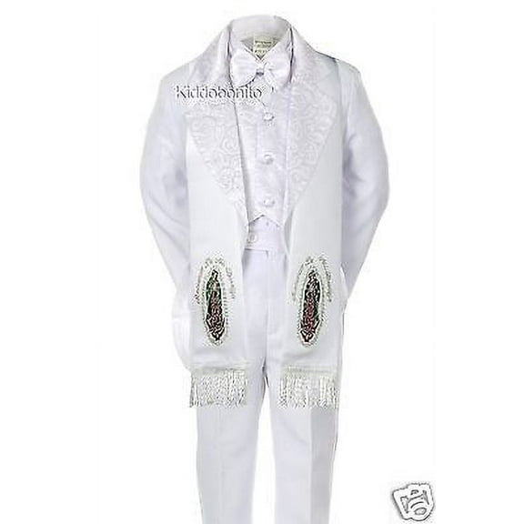 6PC BABY TODDLER BOY WEDDING FORMAL PAISLEY TAIL TUXEDO STOLE WHITE S-7 (0M-7yr)