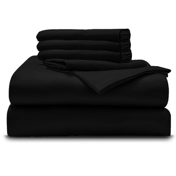 6PC Bedding Set- 100% Organic Cotton Bed Sheet Set 1000 Thread Count, 24" EXTRA DEEP POCKET, Crisp and Cooling Sateen Weave, Eco-Friendly - Black, Full