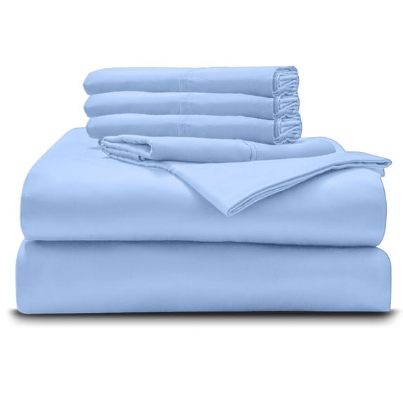 6PC Bedding Set- 100% Organic Cotton Bed Sheet Set 800 Thread Count, 24" EXTRA DEEP POCKET, Crisp and Cooling Sateen Weave, Eco-Friendly - Light Blue, Queen