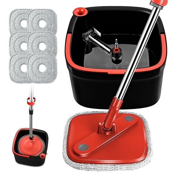 6PC Black Spin Mop and Bucket Set Separation Dirty and Clean Water System 360° Rotating Square Mop-Head