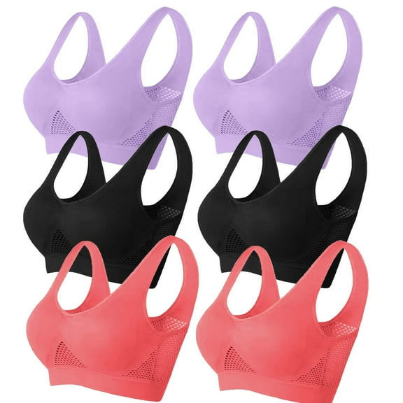 6PC Bras for Women No Steel Ring Breathable Soft Padded Sports Bra Underwear Breathable Large Size Snug Bras Black 6XL