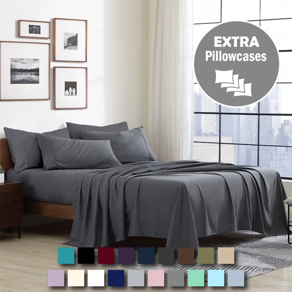 6PC California King Sheet Set (With Extra Pillowcases, Fitted Sheet & Flat Sheet) Easy Fit Wrinkle & Fade Resistant, Gray