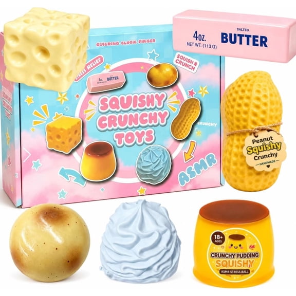 6PC Crunchy Squishy Pack,Sensory Stress Relief Squeeze Squishy Fidget Toys Crunchy Butter Cheese Pudding Peanuts Cream Potatoes Squishy, Slushy Apple Squishy Toys, ASMR Squishy Set for Adult