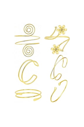 6PC Gold-2: 6pcs Adjustable Goldtone Spiral & Floral Arm Cuffs Bracelet Set For Boho Summer Festival Wear