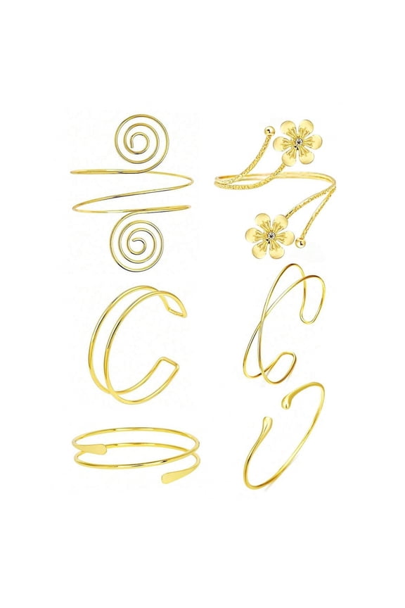 6PC Gold-2: 6pcs Adjustable Goldtone Spiral & Floral Arm Cuffs Bracelet Set For Boho Summer Festival Wear