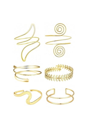 6PC Gold 6pcs Adjustable Goldtone Spiral & Leaf Arm Cuffs Bracelet Set For Boho Summer & Festival Wear