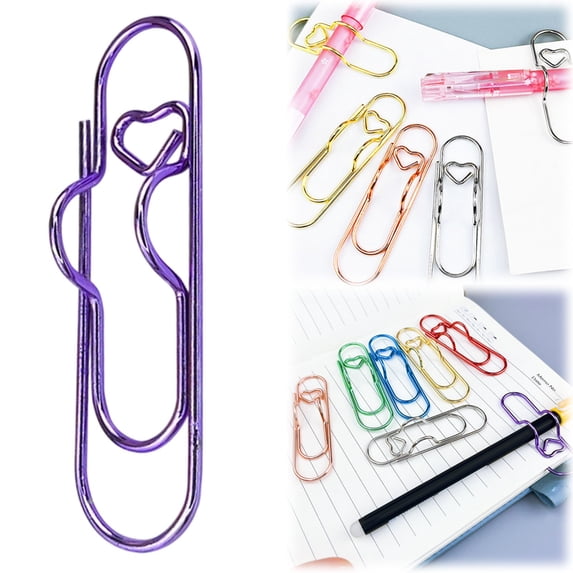 6PC Heart Pen Clips for Notebook, Paper Clip Pen Holder for Notebook, Pen Holder Paper Clip, Color Heart Penclip Metal Pencil Clips Multifunctional Paperclip, Reusable Writing Tool Holder, Purple