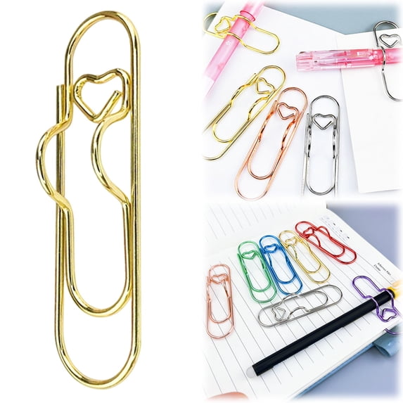 6PC Heart Pen Clips for Notebook, Paper Clip Pen Holder for Notebook, Pen Holder Paper Clip, Color Heart Penclip Metal Pencil Clips Multifunctional Paperclip, Reusable Writing Tool Holder, Gold