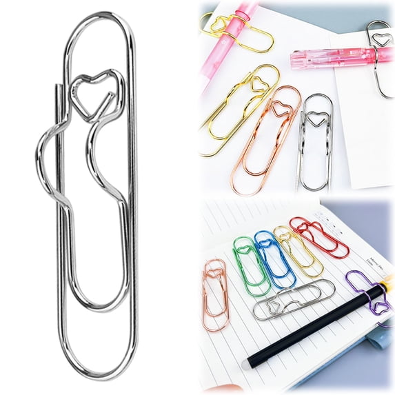 6PC Heart Pen Clips for Notebook, Paper Clip Pen Holder for Notebook, Pen Holder Paper Clip, Color Heart Penclip Metal Pencil Clips Multifunctional Paperclip, Reusable Writing Tool Holder, Silver
