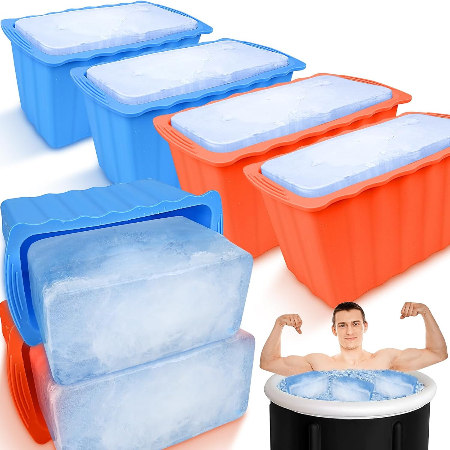 6PCLarge Ice Cube Molds 38LB Ice Bath Water Chiller Giant Ice Block Molds Silicone Ice Block Maker For Home, Thicker Big Ice Cube Tray Reusable Athletes Cold Plunge Accessories,Blue+Orange