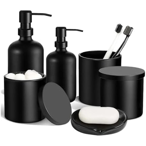 6PC Matte Black Bathroom Accessories Set with Glass Soap Dispenser | Modern Bathroom Organizer & Decor Set incl. Toothbrush, Qtip Holder$$Home Decor, Kitchen, & Other