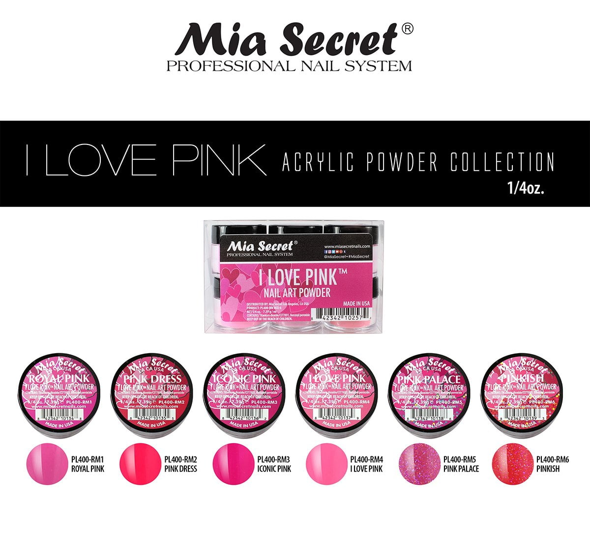 6PC Mia Secret Nail New Acrylic Art Powder New Collection (I LOVE PINK)