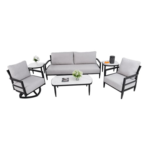 6PC Outdoor Conversation Set with 360° Swivel Club Chair,Club Chair,Luxurious Bench Seat Sofa,Marble-Inspired Sintered Stone Coffee Table & Side Table,Rust-Free Aluminum Frame & Sunbrella Cushions
