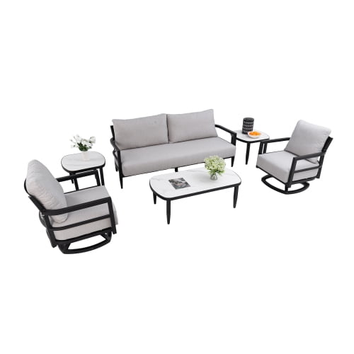 6PC Outdoor Conversation Set with Fully Weld 360° Swivel Club Chairs,Luxurious Bench Seat Sofa,Marble-Inspired Sintered Stone Coffee Table & Side Table,Rust-Free Aluminum Frame & Sunbrella Cushions
