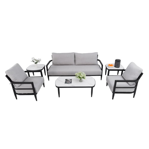 6PC Outdoor Conversation Set with Modern Fully Weld Club Chairs, Luxurious Bench Seat Sofa, Marble-Inspired Sintered Stone Coffee Table & Side Table, Rust-Free Aluminum Frame & Sunbrella Cushions