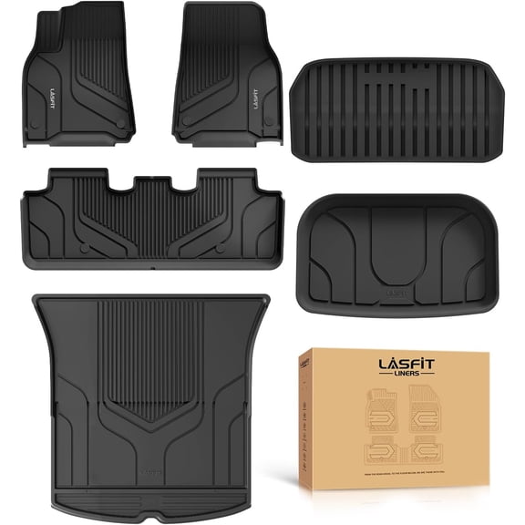6PC Premium Extra Thick Floor Mats for Tesla Model Y 2025 2024 2023-2020 5 Seater | Custom Fit TPE All Weather | Model Y Accessories 1st & 2nd Row & Cargo Trunk Mats Full Set, Black