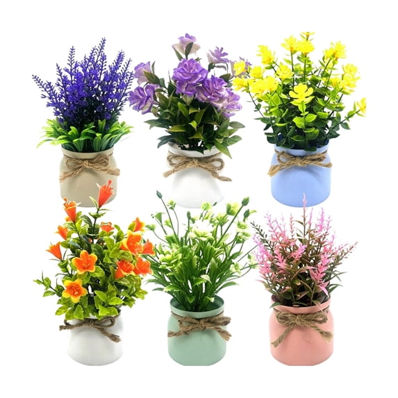 6PC Realistic Artificial Potted Plants - Boho Ceramic Decor with Jute Wraps for Home, Office & Wedding Table Decorations - Low Maintenance Faux Greenery for Living Rooms & Bedrooms Multicolor B