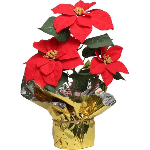 6PC Red Velvet Poinsettia Bush with 3 Silk Flowers in Gold Foil Pot - Lifelike Holiday Decor | Elegant Centerpiece for Tabletop & Mantel | Perfect Festive Christmas Accent