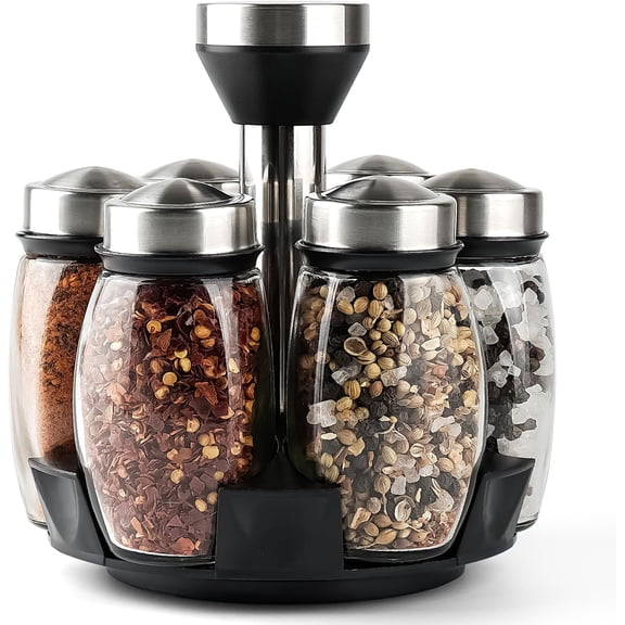 6PC Spinning Glass Spice Jars - 360° Rotating Spice Rack Organizer with Jars, Stainless Steel Revolving Seasoning Holder Jars for Countertop Cabinet Kitchen Spices Cruets