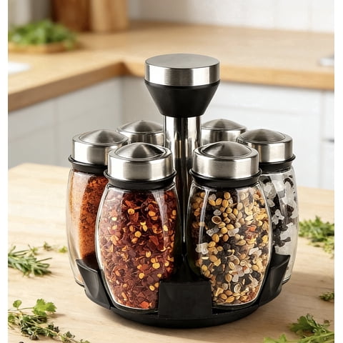 CYYI 6PC Spinning Glass Spice Jars – 360° Rotating Rack Organizer with Stainless Steel Stand for Countertop and Cabinet