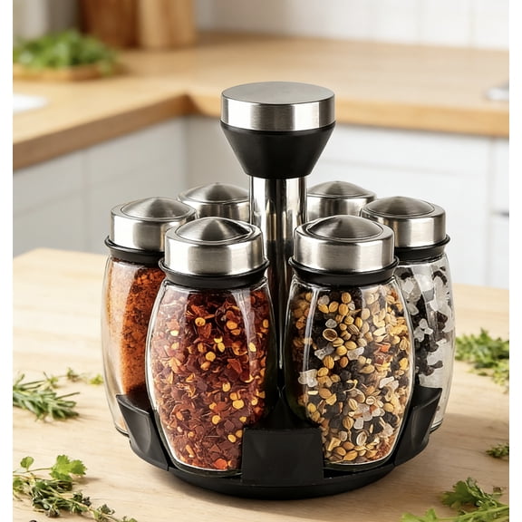 6PC Spinning Glass Spice Jars - 360° Rotating Spice Rack Organizer with Jars, Stainless Steel Revolving Seasoning Holder Jars for Countertop Cabinet Kitchen Spices Cruets